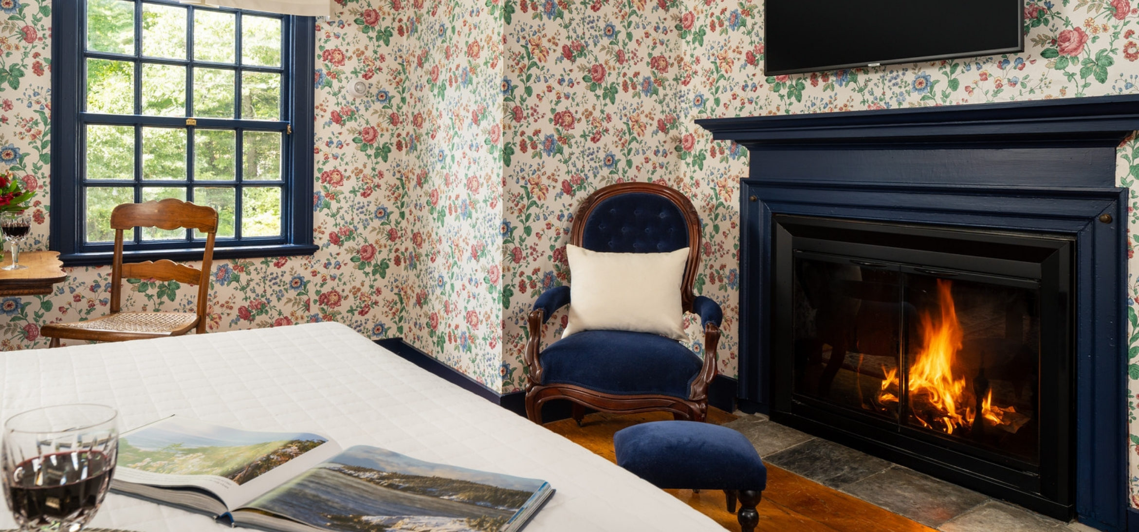 Kingsbury Room fireplace at our romantic Kennebunkport B&B