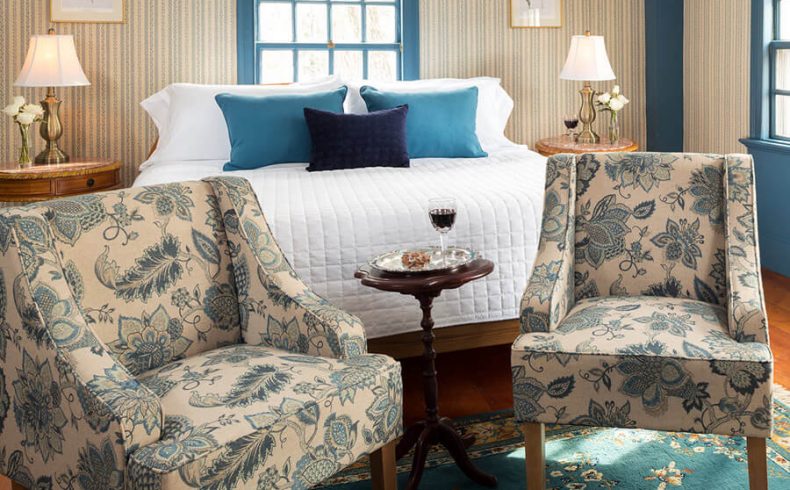 Sweet Haven Room bed and chairs at our Kennebunkport B&B